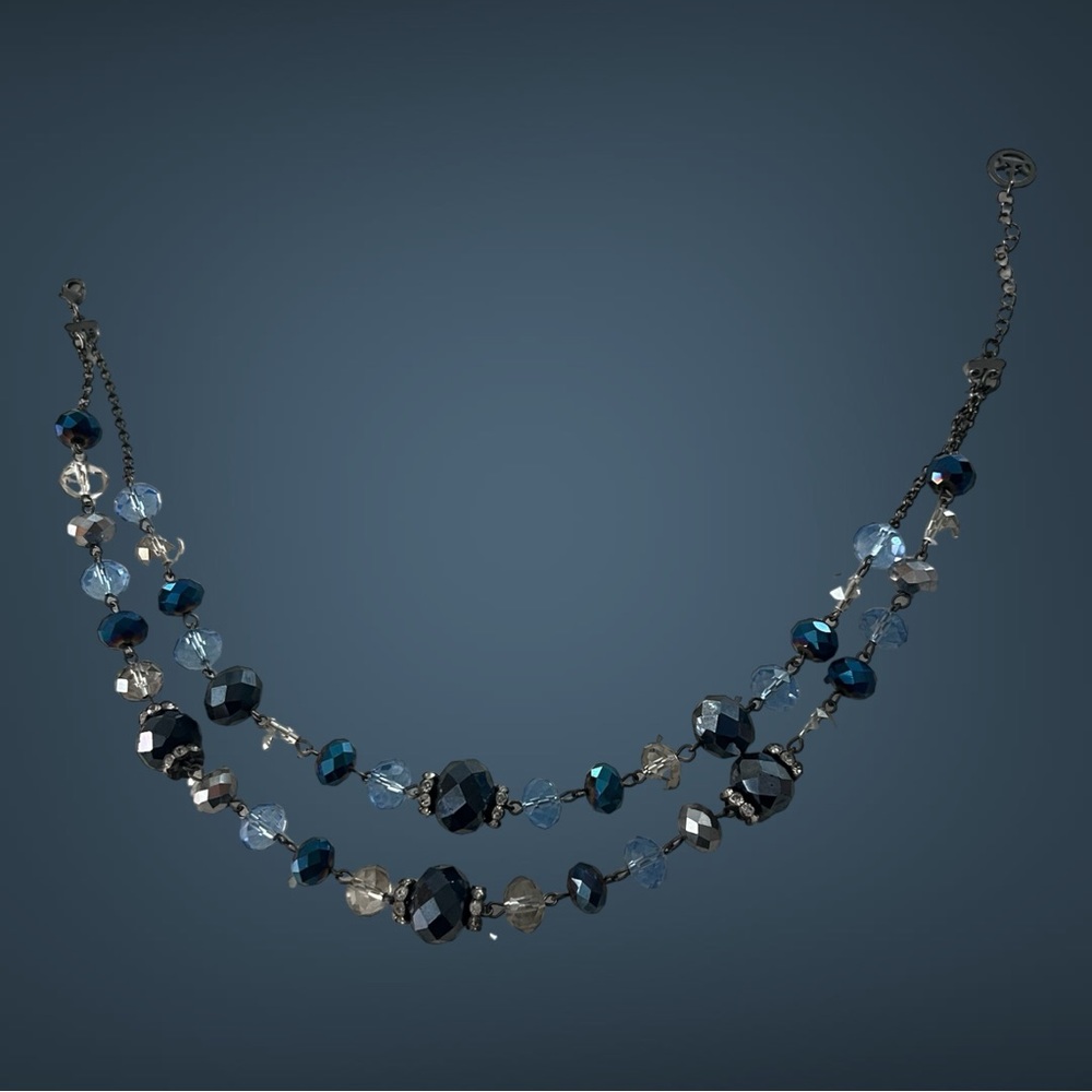 Crystal Blue/Clear Beaded 2-strand Necklace. 18” - Picture 2 of 3
